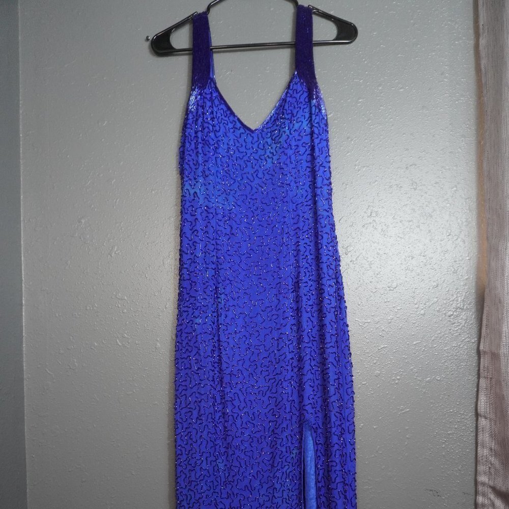 Andretta Donatello Women Silk Prom Dress  Beaded Blue Shimmery Fitted Size Large